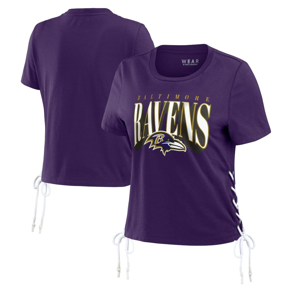 Baltimore Ravens WEAR by Erin Andrews Women's Lace Up Side Modest Cropped T-Shirt - Purple on sale