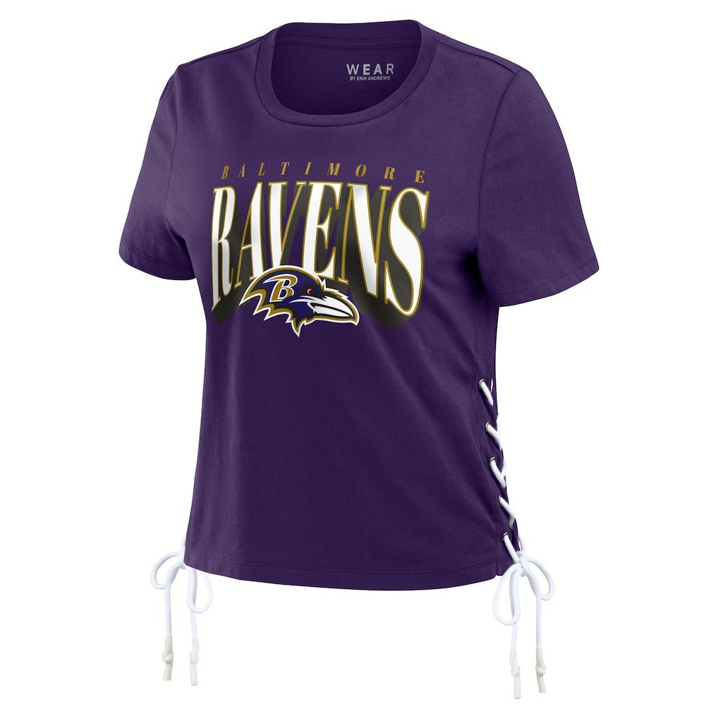Baltimore Ravens WEAR by Erin Andrews Women's Lace Up Side Modest Cropped T-Shirt - Purple on sale
