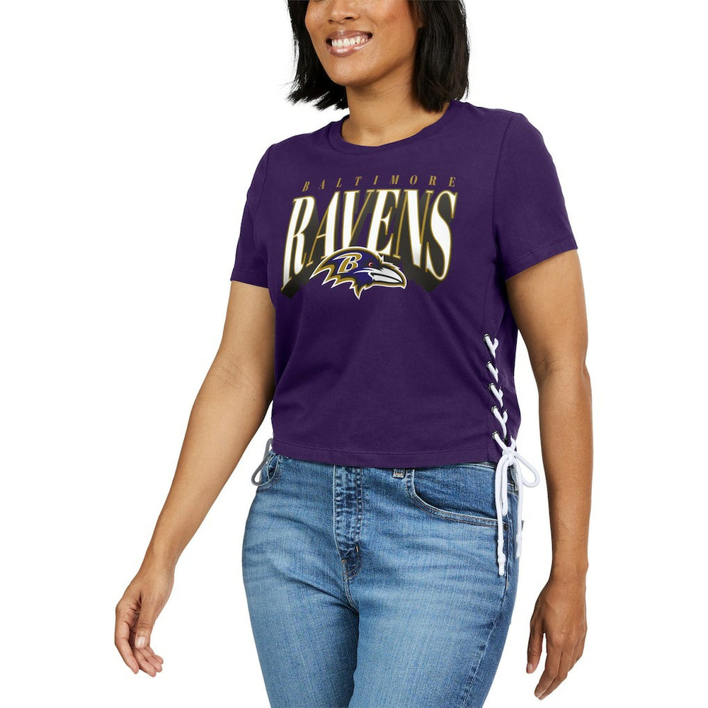 Baltimore Ravens WEAR by Erin Andrews Women's Lace Up Side Modest Cropped T-Shirt - Purple on sale