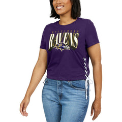 Baltimore Ravens WEAR by Erin Andrews Women's Lace Up Side Modest Cropped T-Shirt - Purple on sale