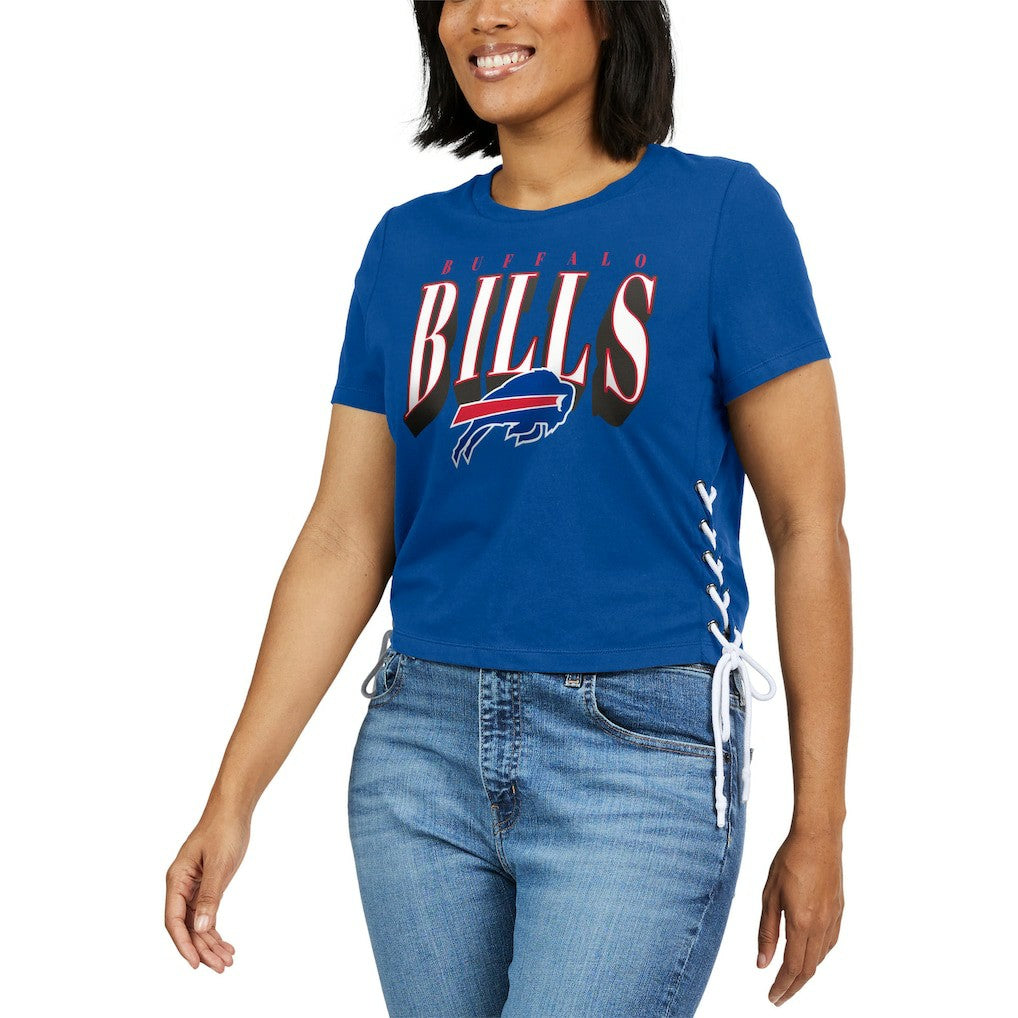 Buffalo Bills WEAR by Erin Andrews Women's Lace Up Side Modest Cropped T-Shirt - Royal for sale