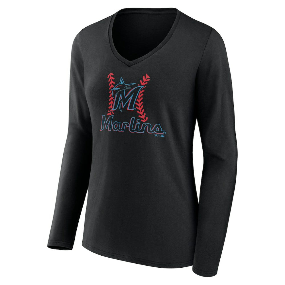 Miami Marlins Women's Personalized Name & Number Fastball Long Sleeve V-Neck T-Shirt Black