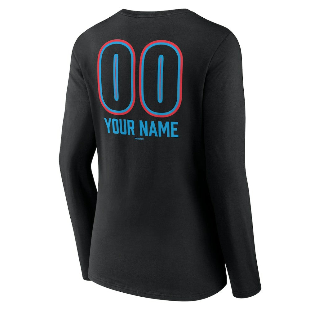 Miami Marlins Women's Personalized Name & Number Fastball Long Sleeve V-Neck T-Shirt Black