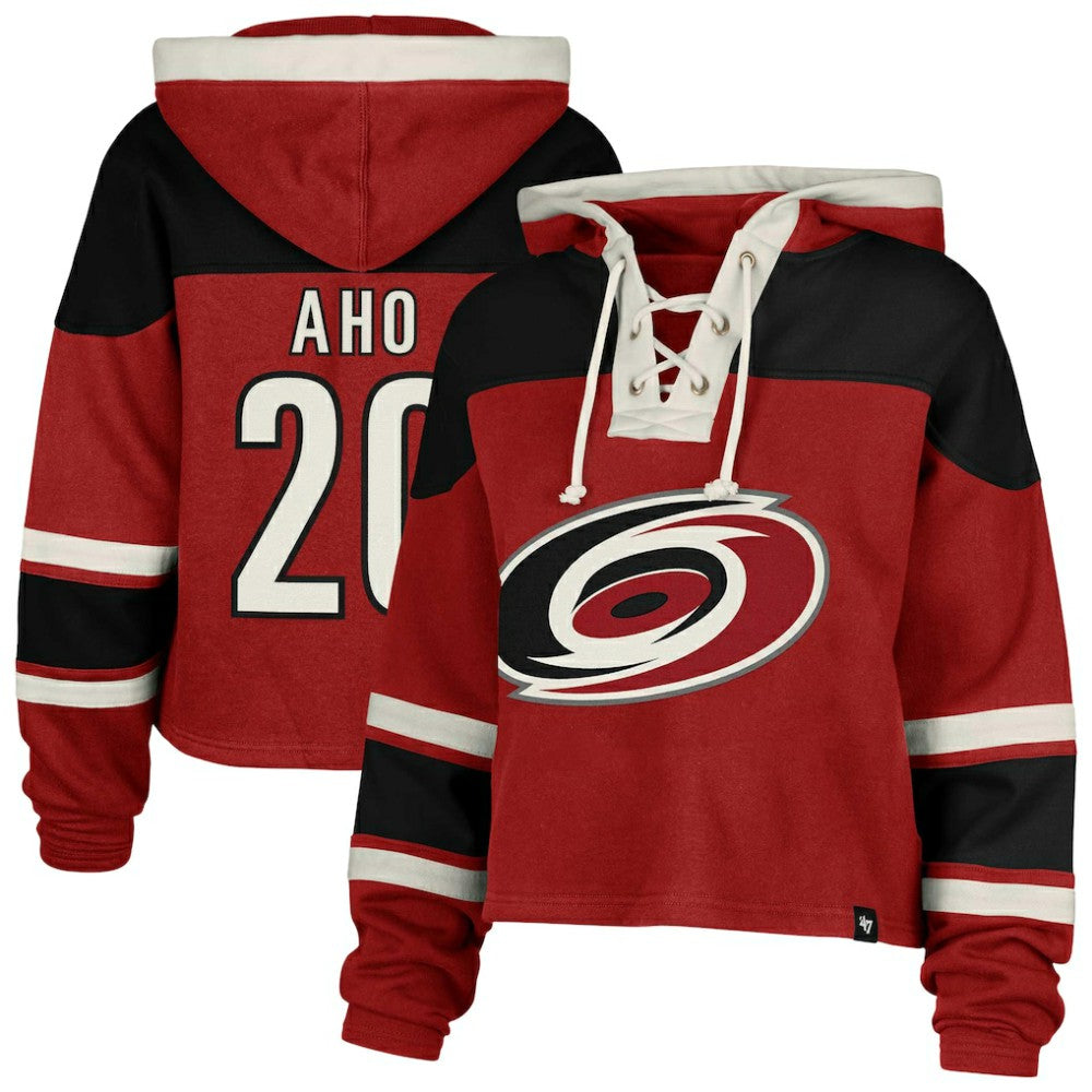 Sebastian Aho Carolina Hurricanes '47 Women's Superior Lacer Cropped Pullover Hoodie - Red Hoodies