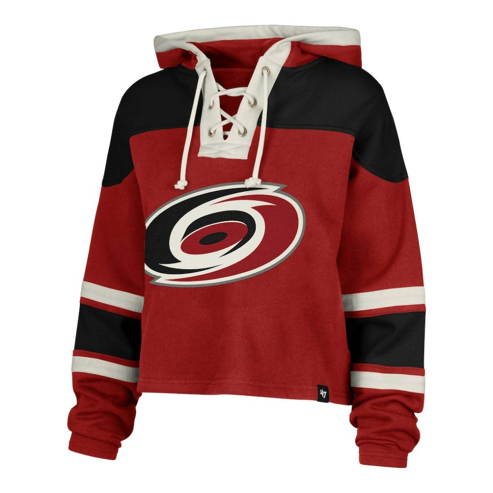 Sebastian Aho Carolina Hurricanes '47 Women's Superior Lacer Cropped Pullover Hoodie - Red Hoodies