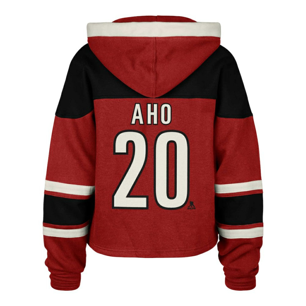 Sebastian Aho Carolina Hurricanes '47 Women's Superior Lacer Cropped Pullover Hoodie - Red Hoodies