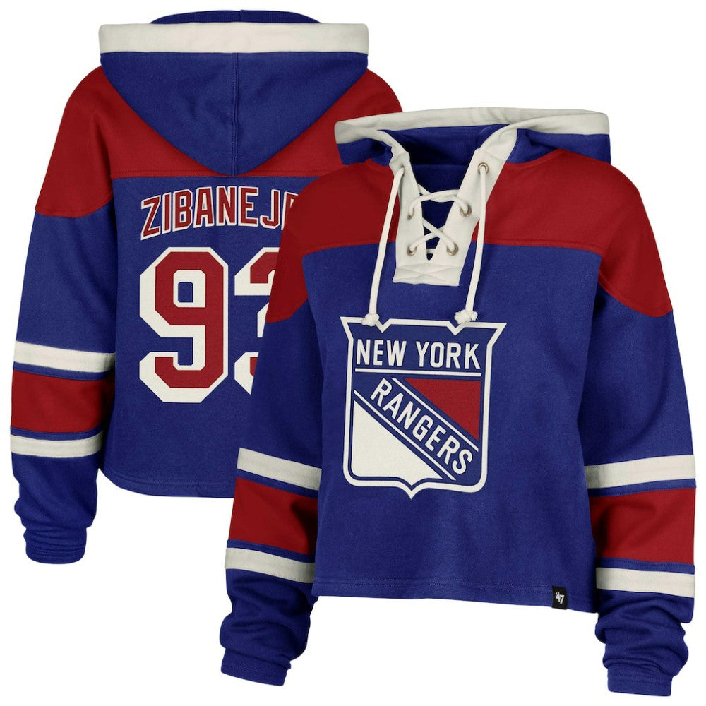 Mika Zibanejad New York Rangers '47 Women's Superior Lacer Cropped Pullover Hoodie - Blue Hoodies