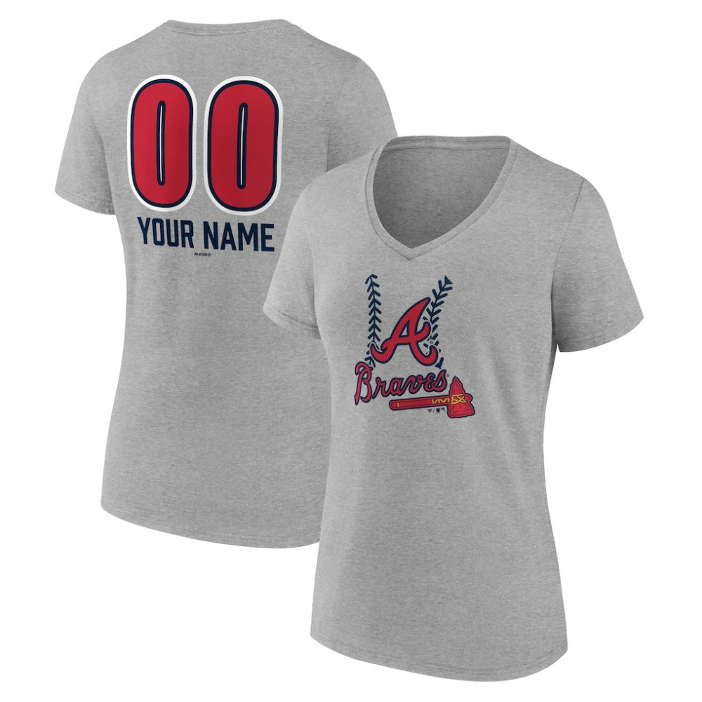 Atlanta Braves Women's Personalized Name & Number Fastball V-Neck T-Shirt Gray