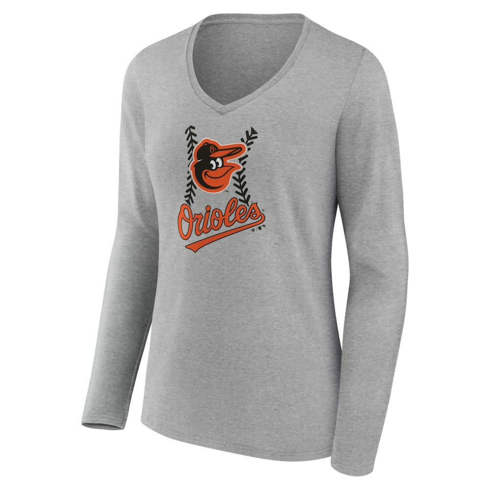 Baltimore Orioles Women's Personalized Name & Number Fastball Long Sleeve V-Neck T-Shirt Gray