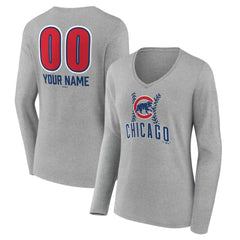 Chicago Cubs Women's Personalized Name & Number Fastball Long Sleeve V-Neck T-Shirt Gray