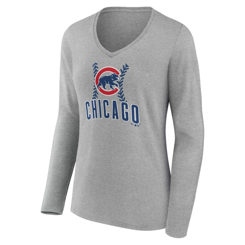 Chicago Cubs Women's Personalized Name & Number Fastball Long Sleeve V-Neck T-Shirt Gray