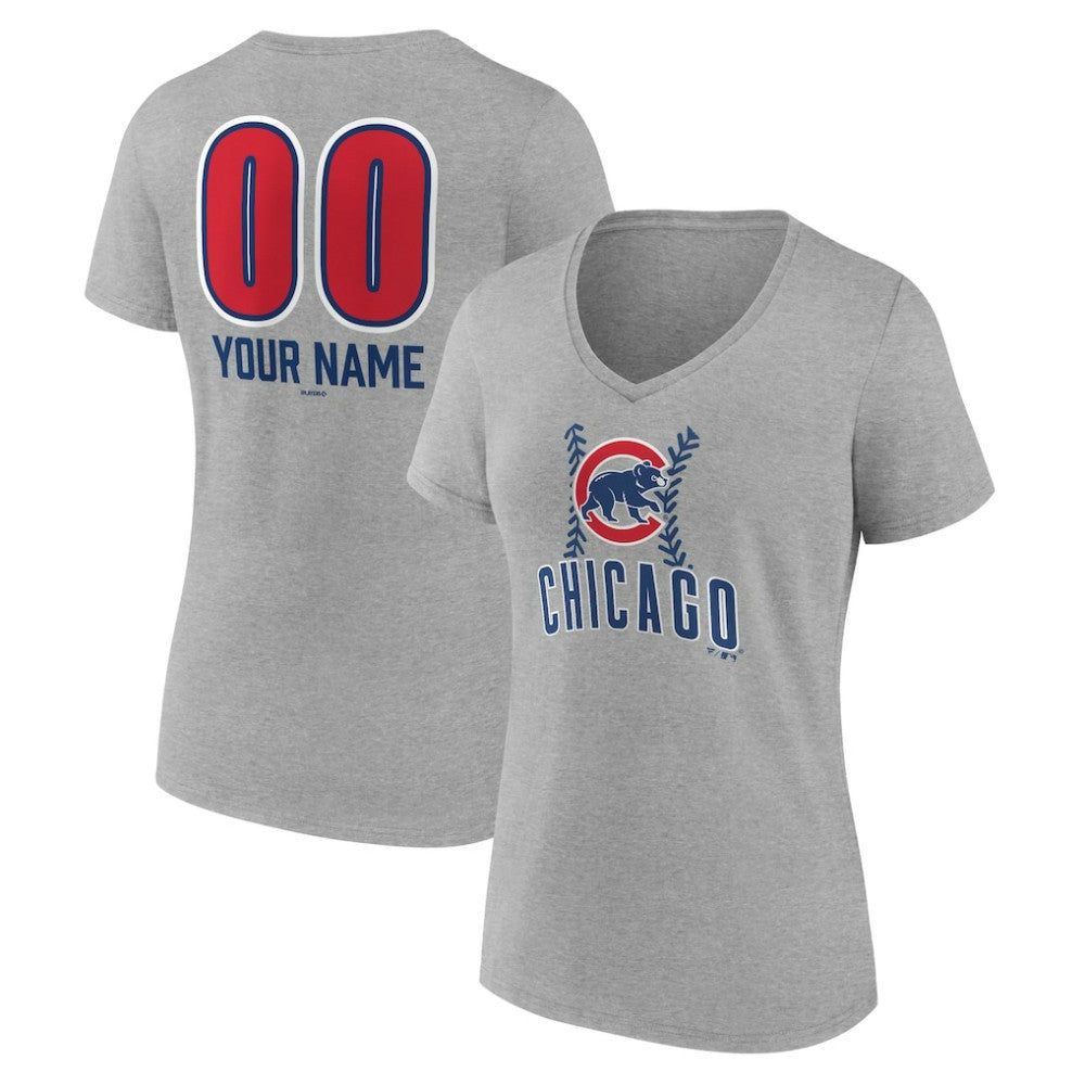 Chicago Cubs Women's Personalized Name & Number Fastball V-Neck T-Shirt Gray