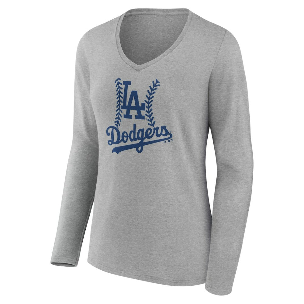 Los Angeles Dodgers Women's Personalized Name & Number Fastball Long Sleeve V-Neck T-Shirt Gray
