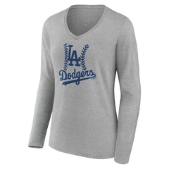 Los Angeles Dodgers Women's Personalized Name & Number Fastball Long Sleeve V-Neck T-Shirt Gray