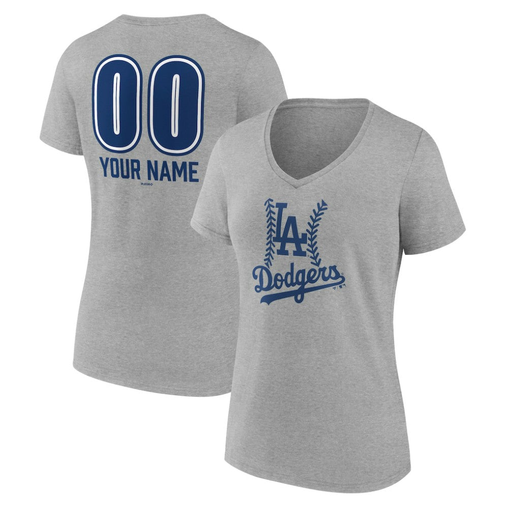 Los Angeles Dodgers Women's Personalized Name & Number Fastball V-Neck T-Shirt Gray