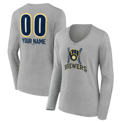 Milwaukee Brewers Women's Personalized Name & Number Fastball Long Sleeve V-Neck T-Shirt Gray