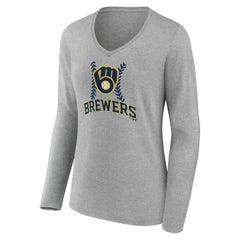 Milwaukee Brewers Women's Personalized Name & Number Fastball Long Sleeve V-Neck T-Shirt Gray