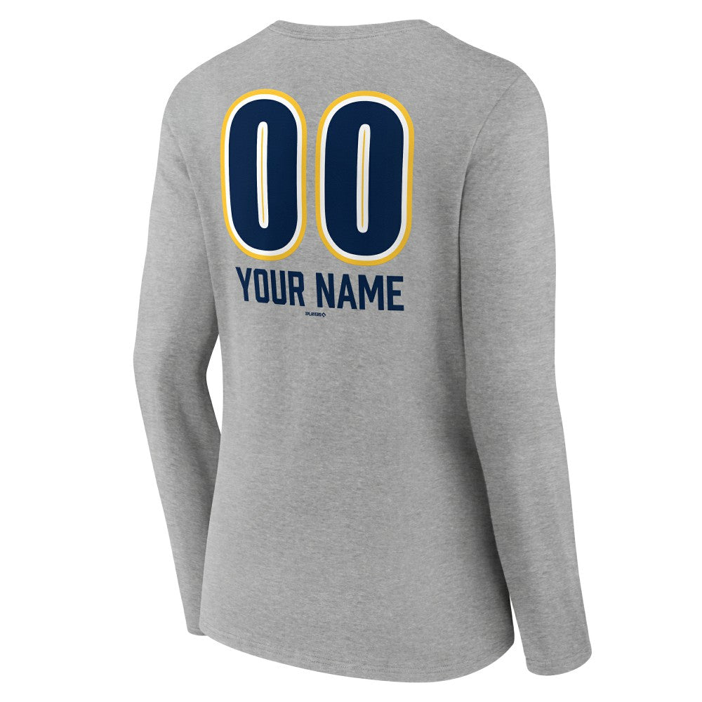 Milwaukee Brewers Women's Personalized Name & Number Fastball Long Sleeve V-Neck T-Shirt Gray