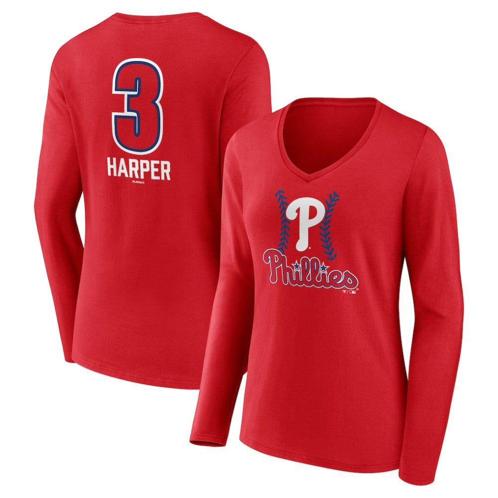 Bryce Harper Philadelphia Phillies Women's Fastball Player Name & Number Long Sleeve V-Neck T-Shirt Red