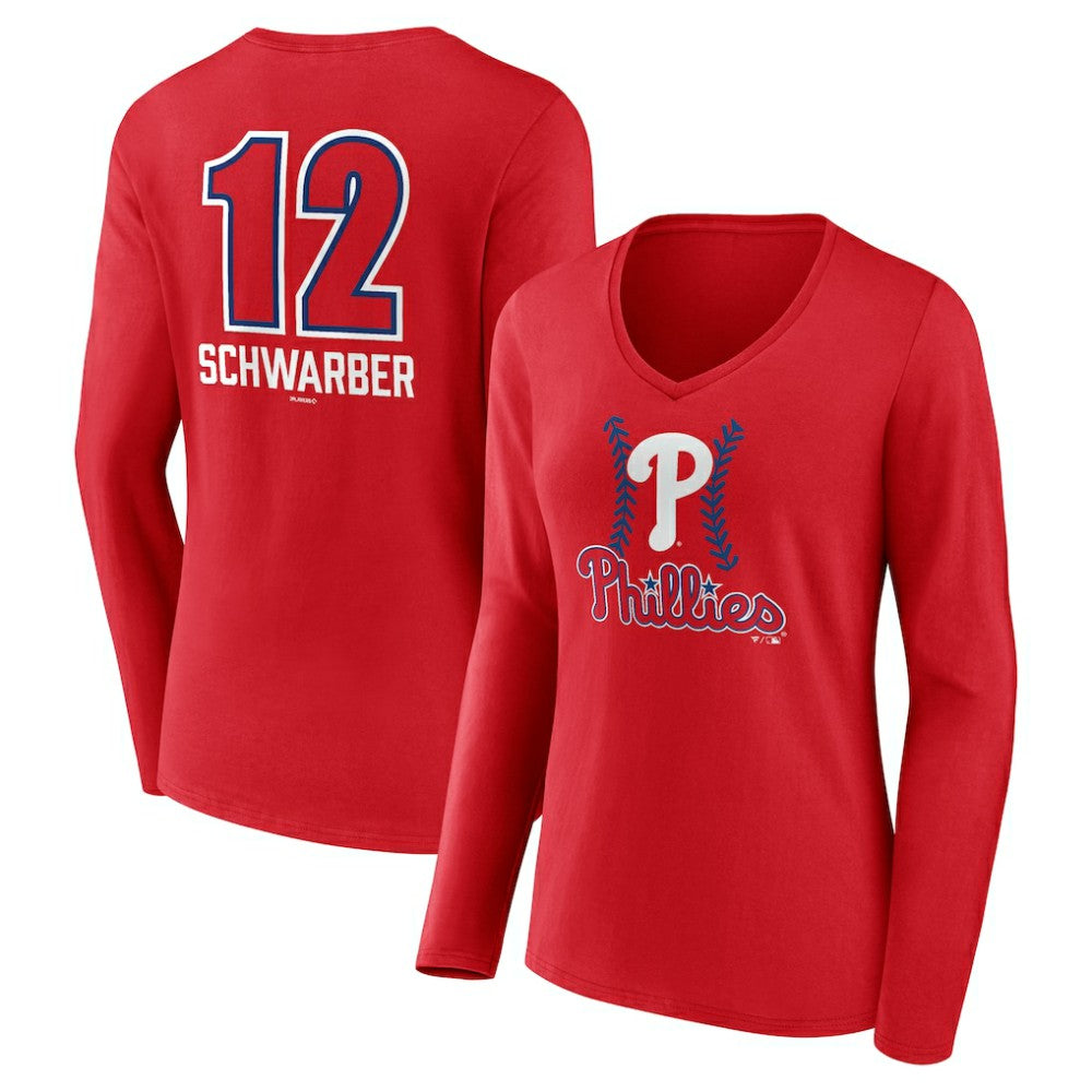Kyle Schwarber Philadelphia Phillies Women's Fastball Player Name & Number Long Sleeve V-Neck T-Shirt Red