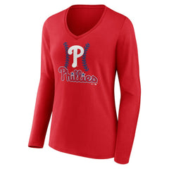 Kyle Schwarber Philadelphia Phillies Women's Fastball Player Name & Number Long Sleeve V-Neck T-Shirt Red