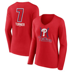 Trea Turner Philadelphia Phillies Women's Fastball Player Name & Number Long Sleeve V-Neck T-Shirt Red