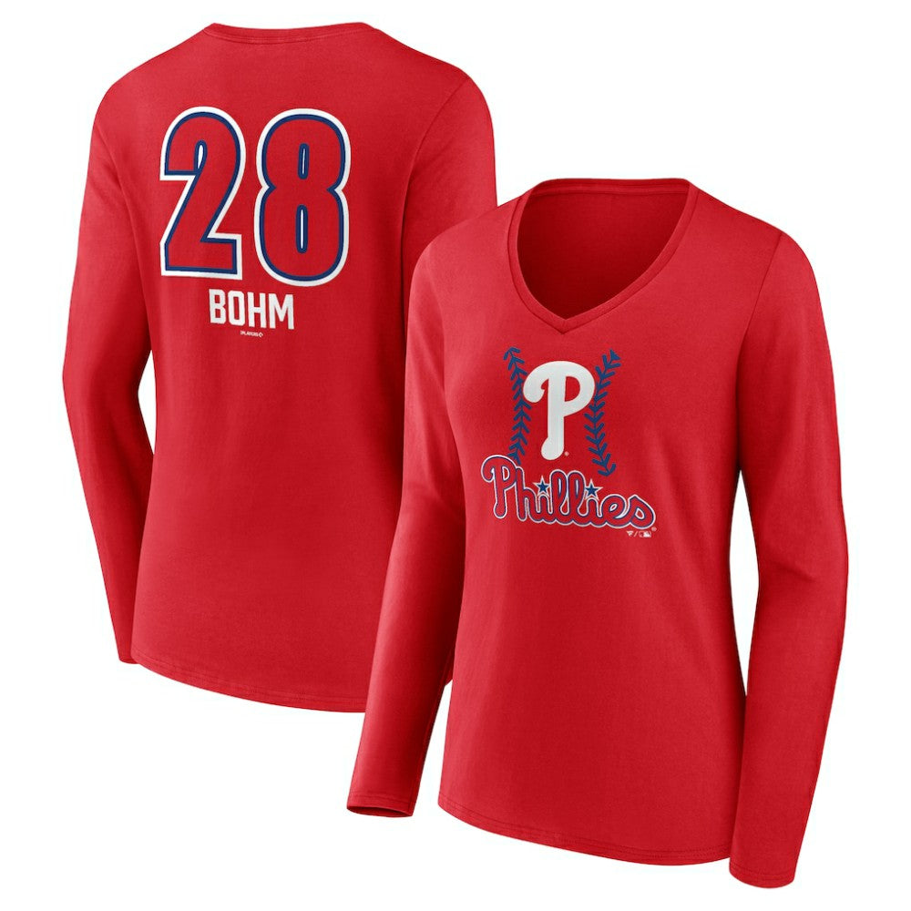 Alec Bohm Philadelphia Phillies Women's Fastball Player Name & Number Long Sleeve V-Neck T-Shirt Red