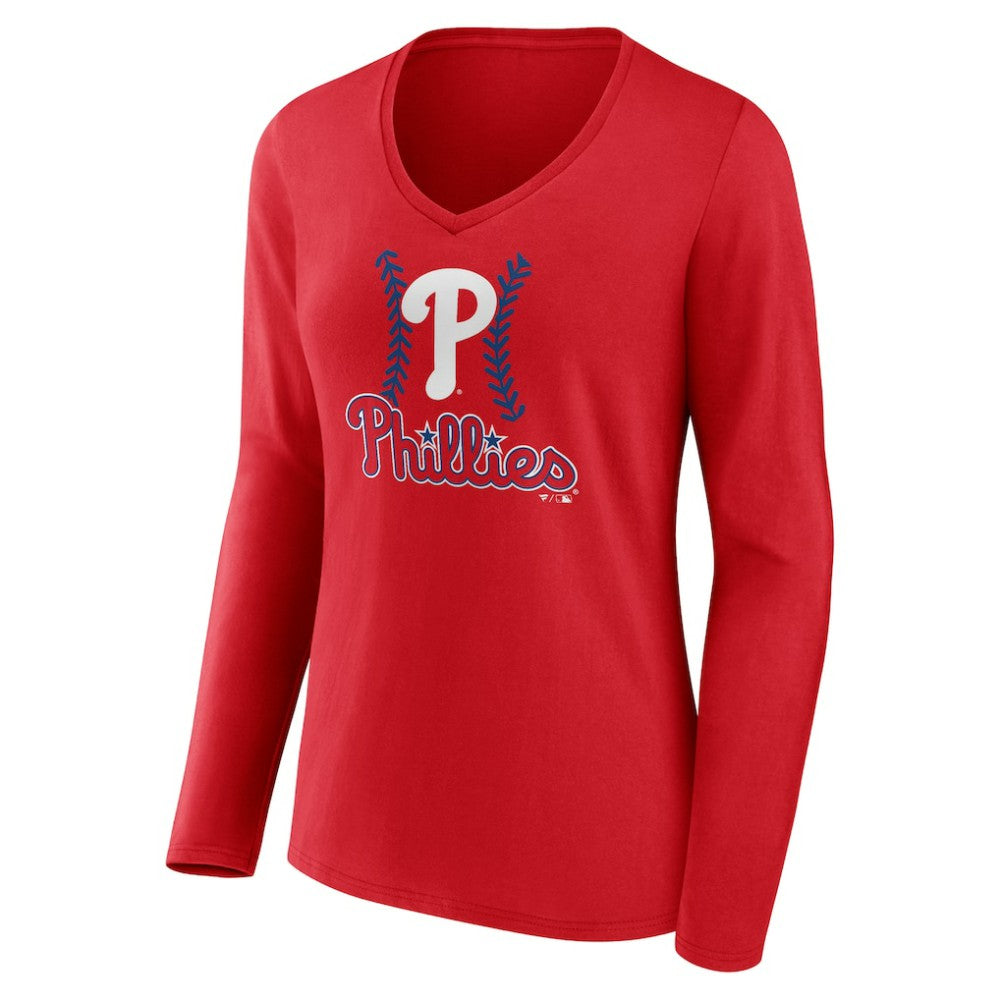 Alec Bohm Philadelphia Phillies Women's Fastball Player Name & Number Long Sleeve V-Neck T-Shirt Red