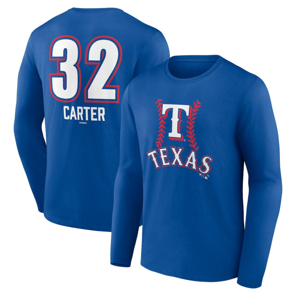 Evan Carter Texas Rangers Fastball Player Name & Number Long Sleeve T-Shirt Royal