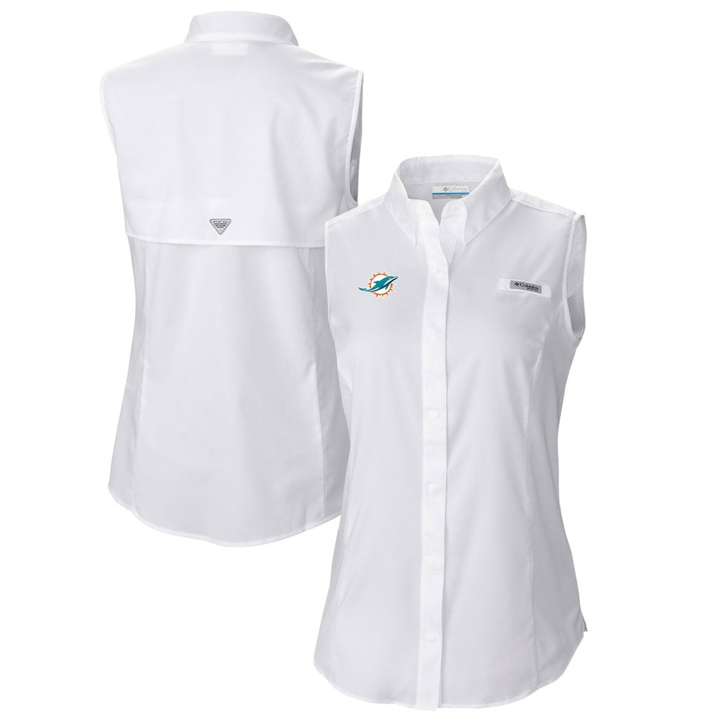 Miami Dolphins Women's PFG Tamiami Omni-Shade Sleeveless Button-Up Shirt - White cheap