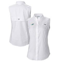 Miami Dolphins Women's PFG Tamiami Omni-Shade Sleeveless Button-Up Shirt - White cheap