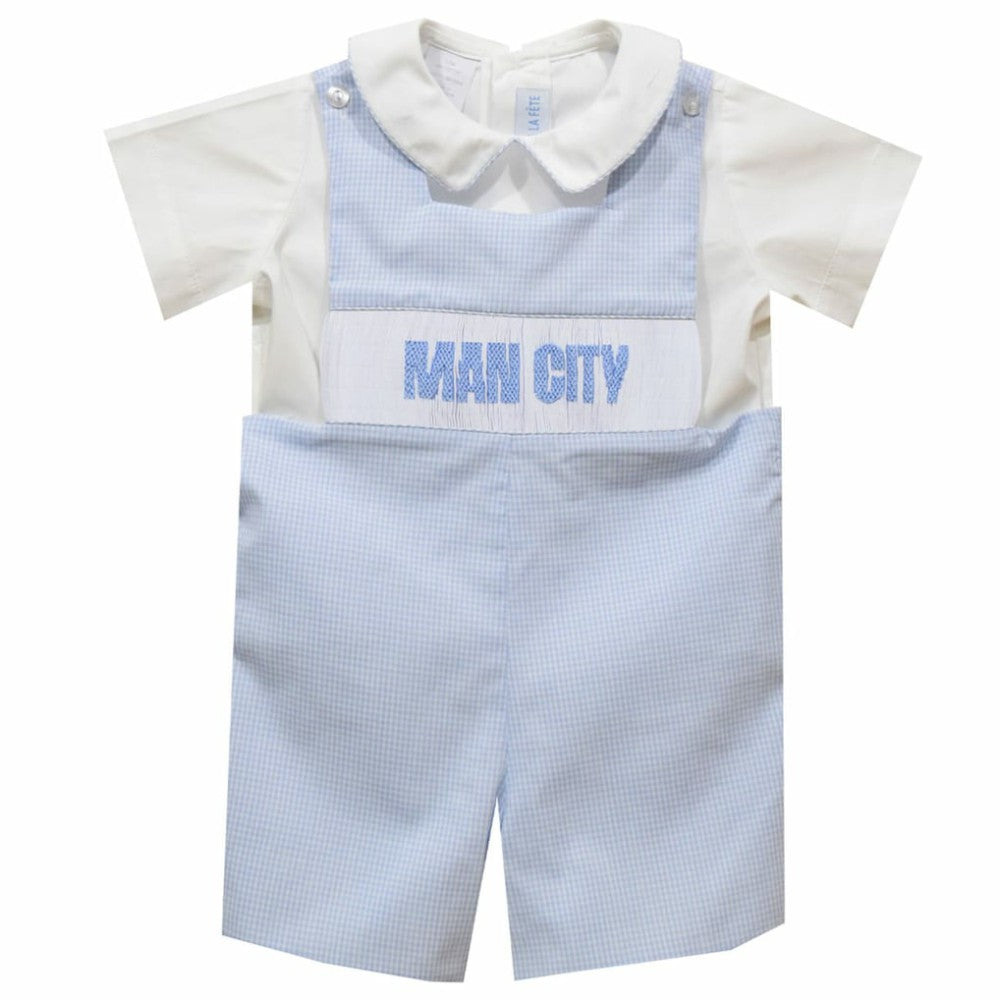 Manchester City Vive La Fete Toddler Gingham Smocked Jon Jon Romper Discount - Sky Blue