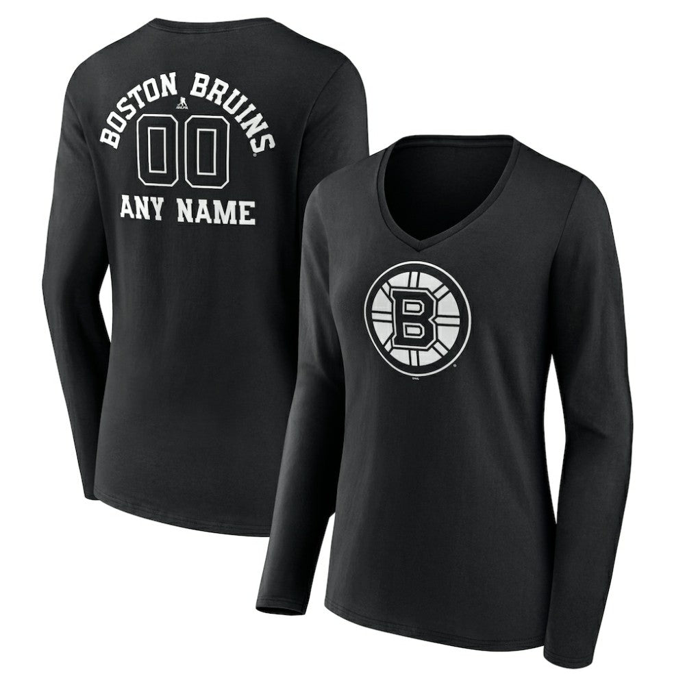Boston Bruins Women's Personalized Name & Number Monochrome Long Sleeve V-Neck T-Shirt - Black T-shirts