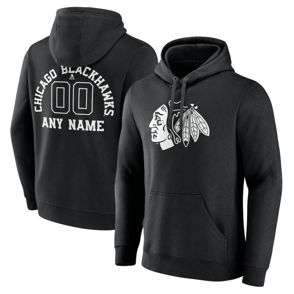 Chicago Blackhawks Personalized Name & Number Monochrome Pullover Hoodie - Black Hoodies