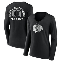 Chicago Blackhawks Women's Personalized Name & Number Monochrome Long Sleeve V-Neck T-Shirt - Black T-shirts