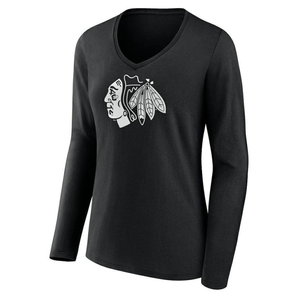 Chicago Blackhawks Women's Personalized Name & Number Monochrome Long Sleeve V-Neck T-Shirt - Black T-shirts