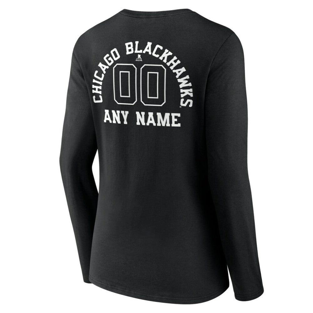 Chicago Blackhawks Women's Personalized Name & Number Monochrome Long Sleeve V-Neck T-Shirt - Black T-shirts