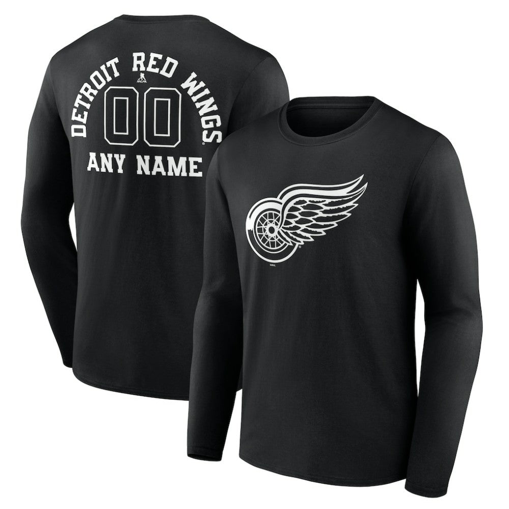 Detroit Red Wings Personalized Name & Number Monochrome Long Sleeve T-Shirt - Black T-shirts