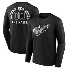 Detroit Red Wings Personalized Name & Number Monochrome Long Sleeve T-Shirt - Black T-shirts