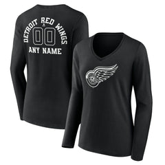 Detroit Red Wings Women's Personalized Name & Number Monochrome Long Sleeve V-Neck T-Shirt - Black T-shirts