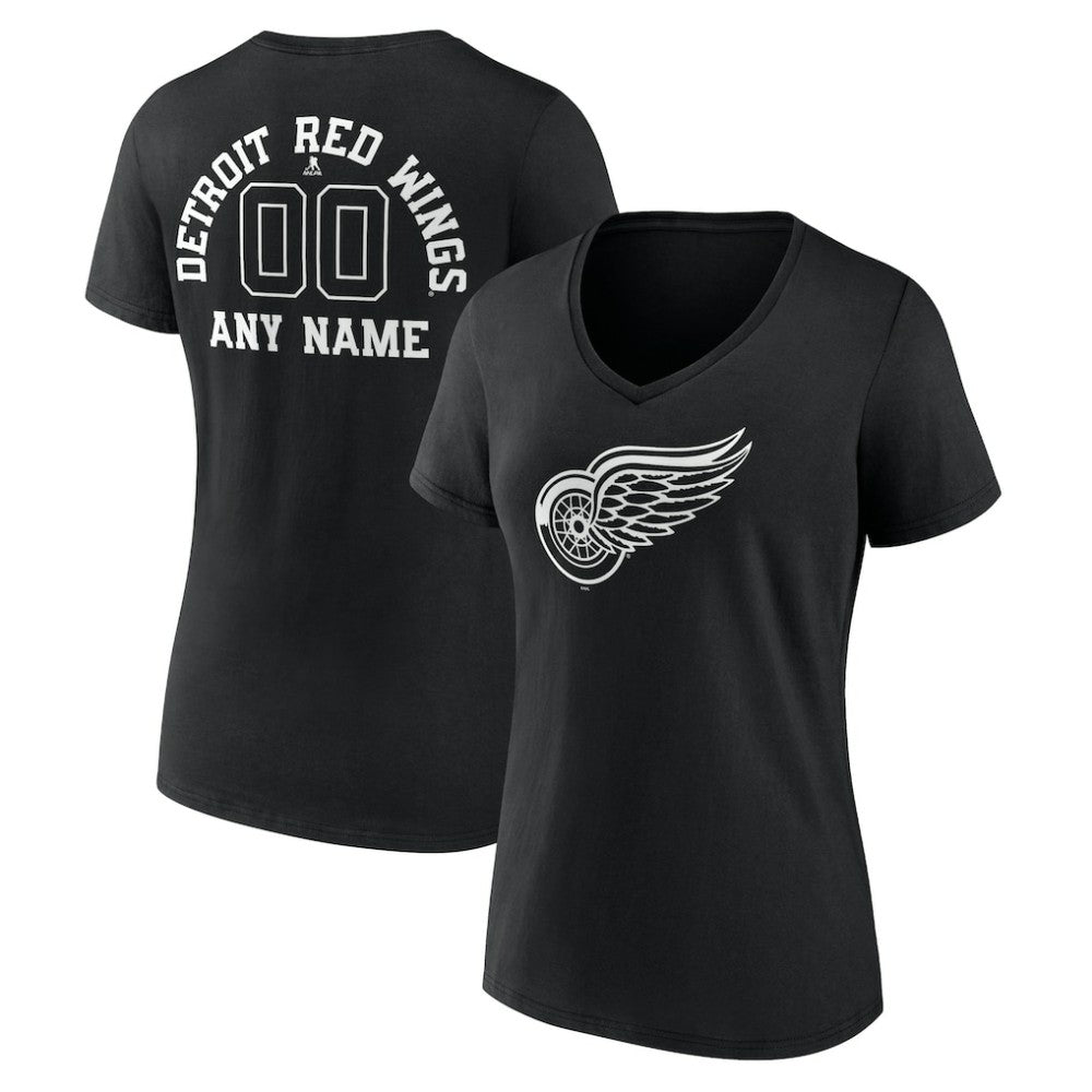 Detroit Red Wings Women's Personalized Name & Number Monochrome V-Neck T-Shirt - Black T-shirts