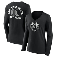 Edmonton Oilers Women's Personalized Name & Number Monochrome Long Sleeve V-Neck T-Shirt - Black T-shirts