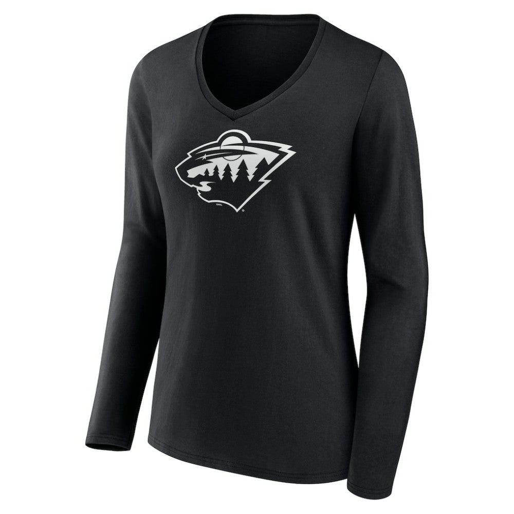 Minnesota Wild Women's Personalized Name & Number Monochrome Long Sleeve V-Neck T-Shirt - Black T-shirts