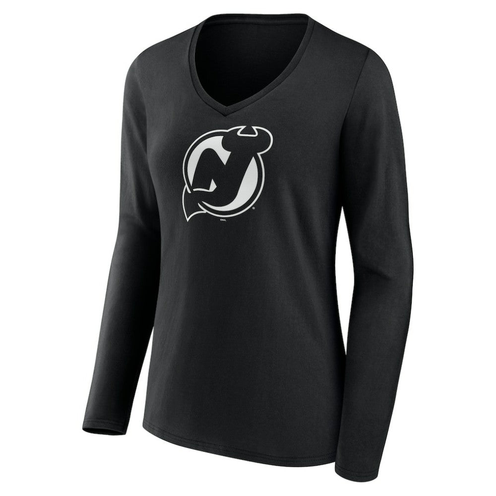 New Jersey Devils Women's Personalized Name & Number Monochrome Long Sleeve V-Neck T-Shirt - Black T-shirts
