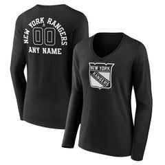 New York Rangers Women's Personalized Name & Number Monochrome Long Sleeve V-Neck T-Shirt - Black T-shirts