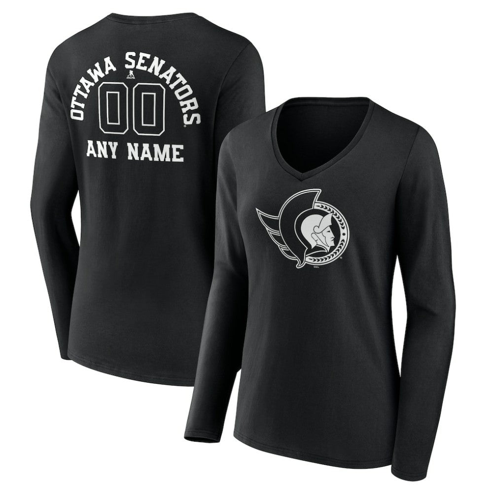 Ottawa Senators Women's Personalized Name & Number Monochrome Long Sleeve V-Neck T-Shirt - Black T-shirts