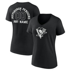 Pittsburgh Penguins Women's Personalized Name & Number Monochrome V-Neck T-Shirt - Black T-shirts