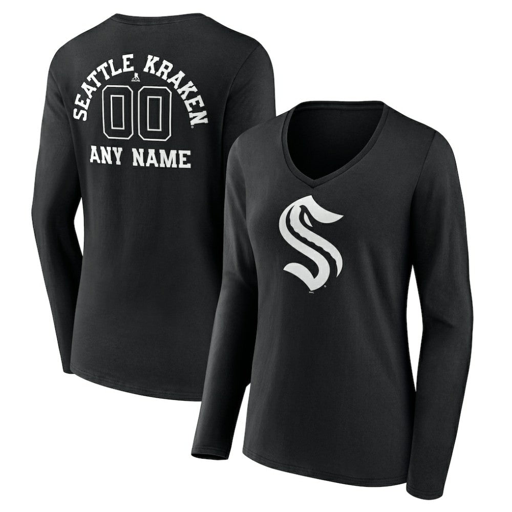 Seattle Kraken Women's Personalized Name & Number Monochrome Long Sleeve V-Neck T-Shirt - Black T-shirts