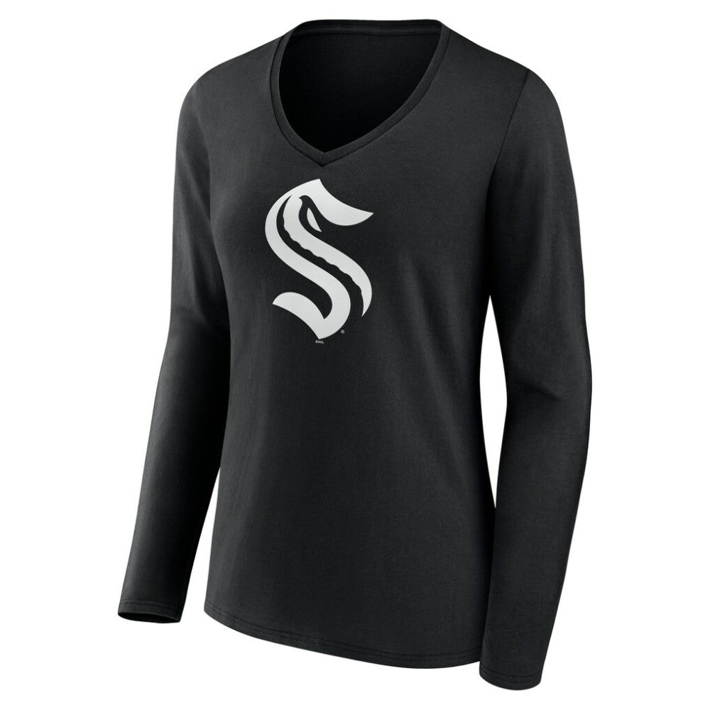 Seattle Kraken Women's Personalized Name & Number Monochrome Long Sleeve V-Neck T-Shirt - Black T-shirts