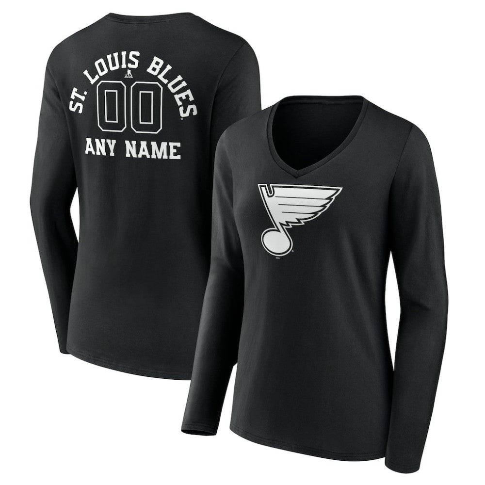 St. Louis Blues Women's Personalized Name & Number Monochrome Long Sleeve V-Neck T-Shirt - Black T-shirts
